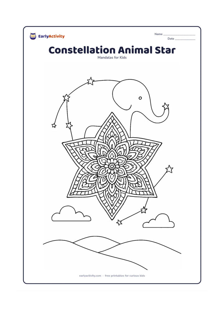 Colouring page: Create a fine-patterned star mandala surrounded by imagined connecting lines between small stars that suggest a friendly elephant shape. Add a calm hill and a few clouds below, without…