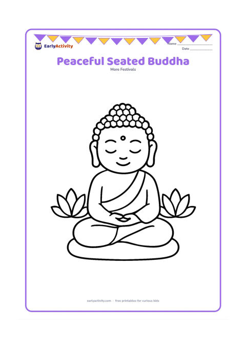 Colouring page: A calm seated Buddha figure with hands resting in the lap, placed on a simple cushion with two large lotus flowers beside it. Keep the composition centered with plenty of open space.