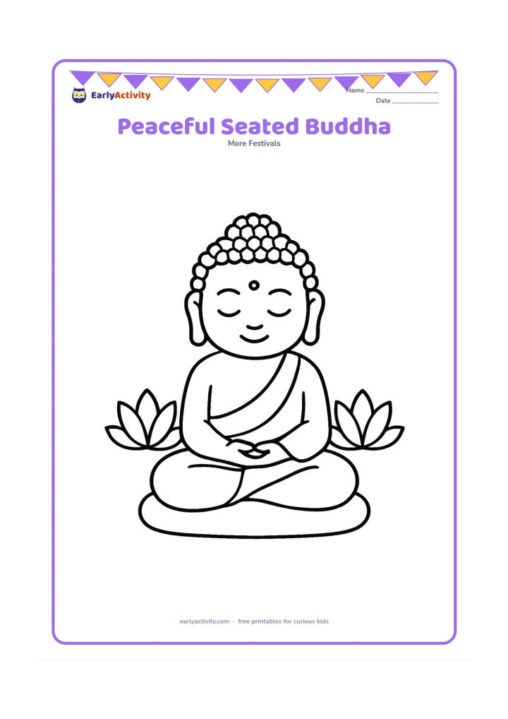 Colouring page: A calm seated Buddha figure with hands resting in the lap, placed on a simple cushion with two large lotus flowers beside it. Keep the composition centered with plenty of open space.
