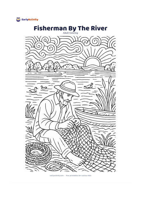 Colouring page: Draw a fisherman sitting beside a wide river while repairing a net, with a small boat, coiled rope, water birds, reeds, distant trees, and a sunrise reflected in the water. Add repeating…