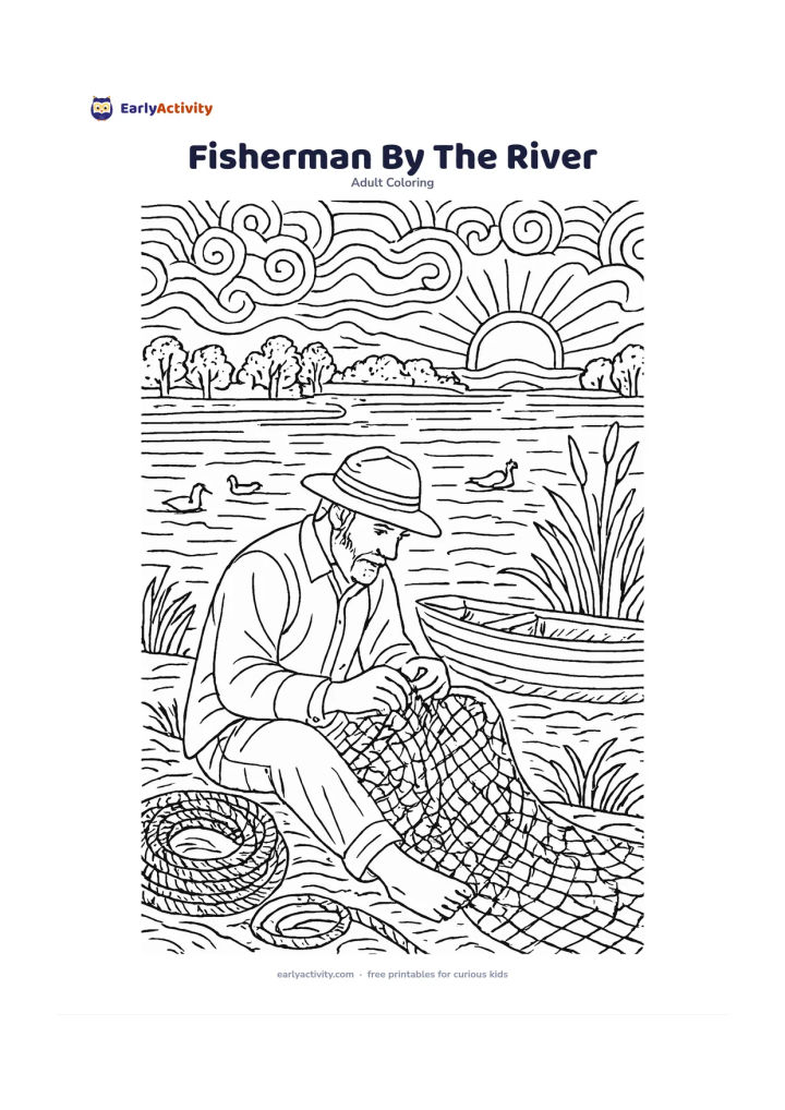 Colouring page: Draw a fisherman sitting beside a wide river while repairing a net, with a small boat, coiled rope, water birds, reeds, distant trees, and a sunrise reflected in the water. Add repeating…