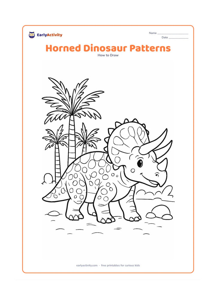 Worksheet: Show a detailed horned dinosaur in a three-quarter standing pose, developing its broad head, horns, sturdy legs, tail, and decorative body pattern. Place it beside tall cycads and…