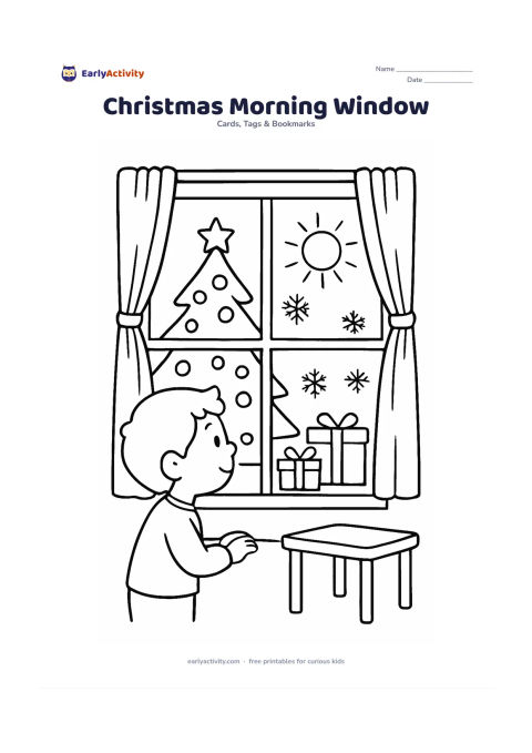 Worksheet: Draw a child looking through a window at a decorated tree and gifts in a sunny Christmas morning room. Include curtains, a small table and a few paper snowflakes or star decorations on…