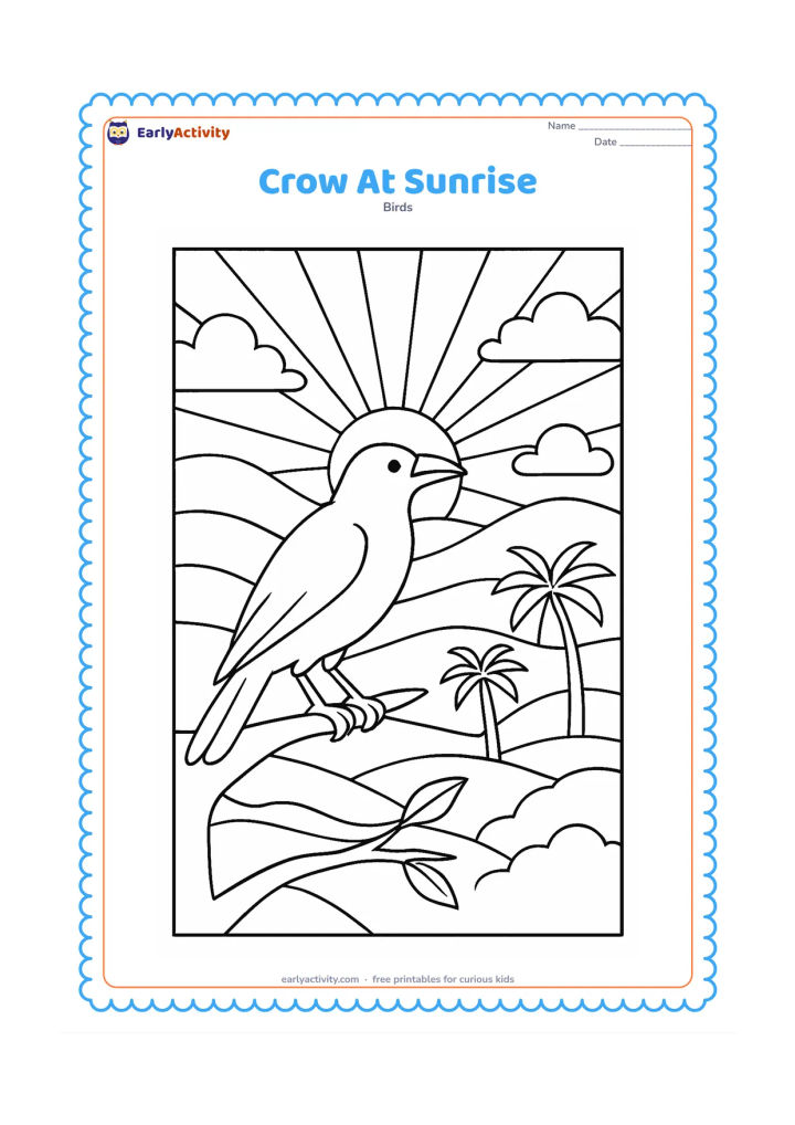 Colouring page: A crow perches on a high branch at sunrise, with layered hills, palm trees, clouds, and rays spreading behind the bird.