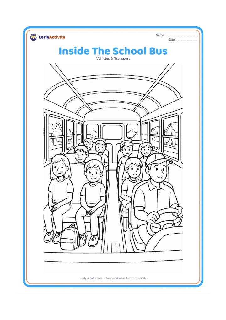 Colouring page: Draw a detailed cutaway view inside a school bus, showing the driver at the front, rows of children seated facing forward, hands and arms safely inside, and backpacks placed below the…
