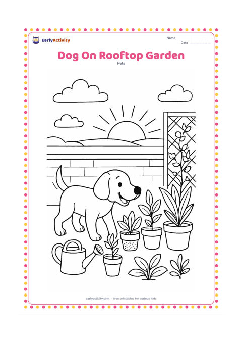 Colouring page: Draw a happy dog exploring a safe rooftop garden at dawn, with its nose near a row of plant pots. Include a low parapet, watering can, trellis, sunrise clouds, and several different…