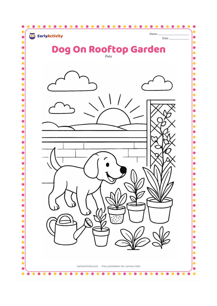 Colouring page: Draw a happy dog exploring a safe rooftop garden at dawn, with its nose near a row of plant pots. Include a low parapet, watering can, trellis, sunrise clouds, and several different…