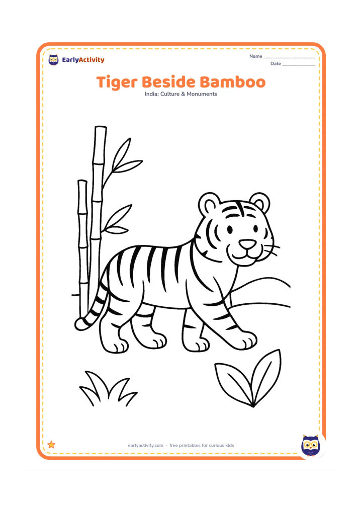 Colouring page: Draw a Bengal tiger walking calmly beside two tall bamboo stems, with one paw lifted and its tail curved upward. Add a distant hill and a few large leaves.