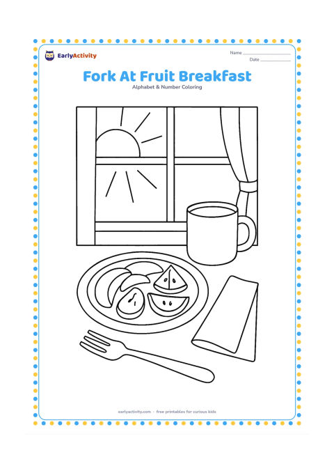 Colouring page: Draw a breakfast setting with a fork beside a plate of sliced fruit, a cup and a folded napkin on a table. Add a window in the background with morning sunlight lines.