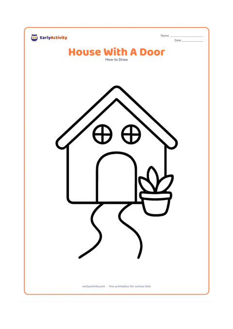 Worksheet: Show a simple house with a large blank doorway shape in the centre, a sloping roof and two round windows. Add a short path leading toward the doorway and one large plant pot beside the…
