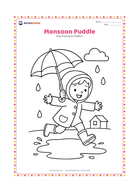 Colouring page: Draw a child wearing a raincoat and boots jumping over a large puddle while holding a simple umbrella. Add three raindrops, one cloud and a small house outline in the background.