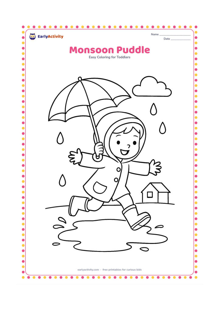 Colouring page: Draw a child wearing a raincoat and boots jumping over a large puddle while holding a simple umbrella. Add three raindrops, one cloud and a small house outline in the background.