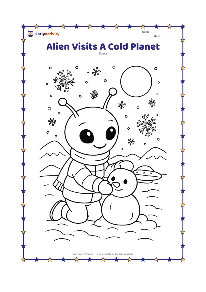 Colouring page: Draw a smiling alien in a scarf and puffy coat building a small snow creature on an icy planet. Add ice hills, snowflakes, a glowing moon, and a saucer resting on the snow.