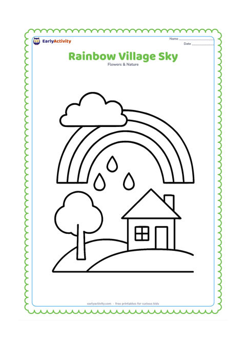 Colouring page: Draw a large rainbow over a simple Indian village scene with one small house, a rounded tree and a low hill. Include a broad cloud and a few large raindrops in the sky.