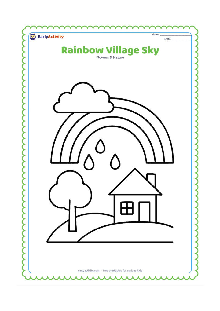 Colouring page: Draw a large rainbow over a simple Indian village scene with one small house, a rounded tree and a low hill. Include a broad cloud and a few large raindrops in the sky.