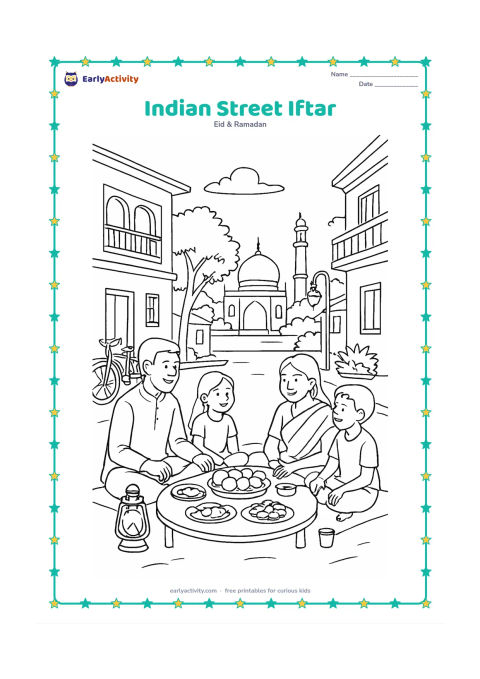 Colouring page: Families share an evening meal at a peaceful Indian neighbourhood street, with low tables, dates, fruit, steel plates, lanterns, balconies, bicycles, trees, and a mosque in the distance.