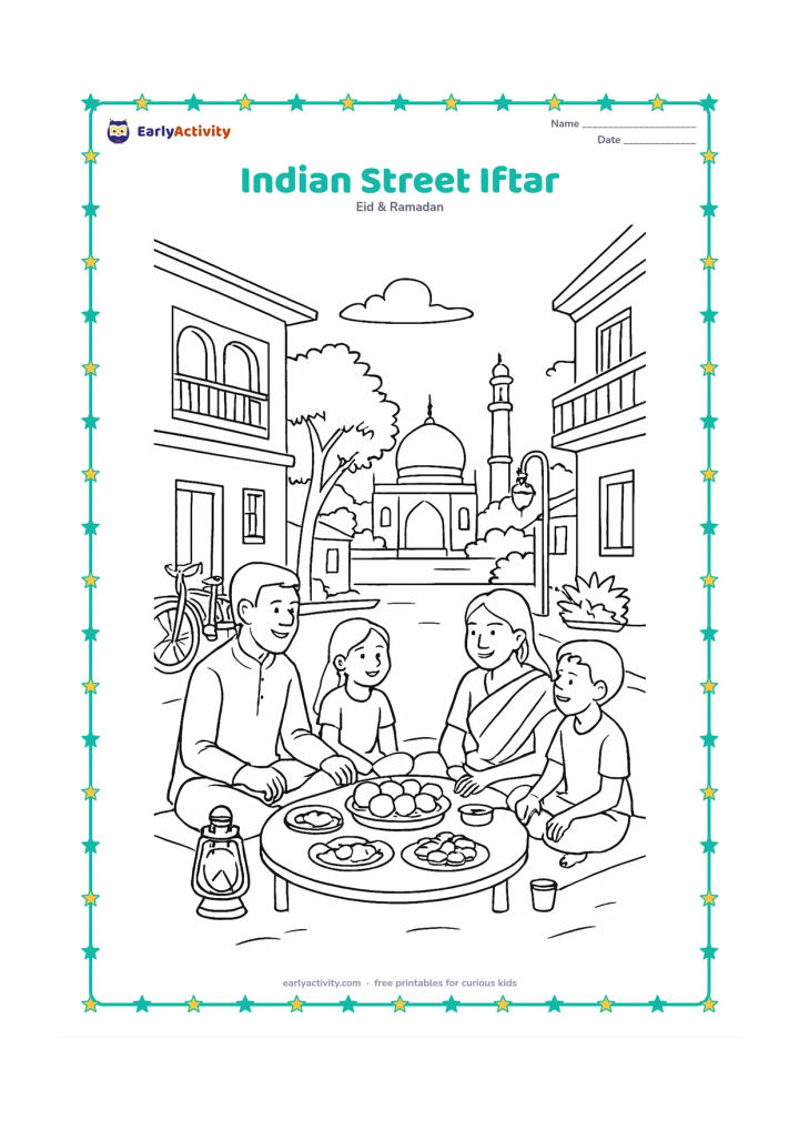 Colouring page: Families share an evening meal at a peaceful Indian neighbourhood street, with low tables, dates, fruit, steel plates, lanterns, balconies, bicycles, trees, and a mosque in the distance.