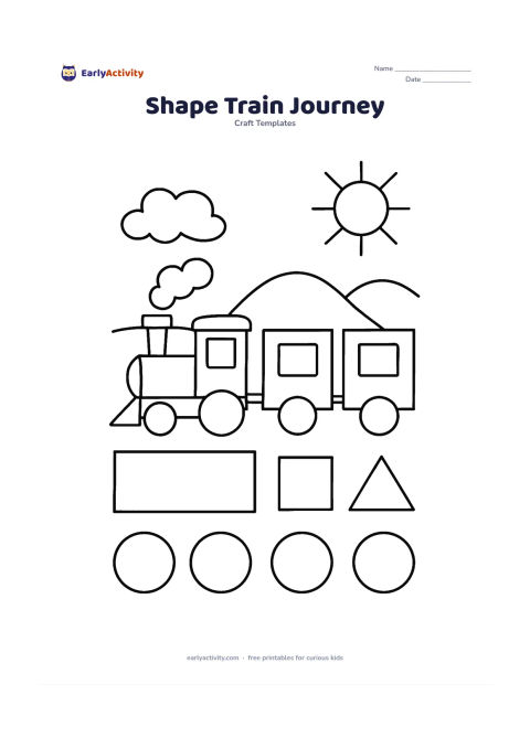 Worksheet: Show separate geometric pieces for a friendly train journey: rectangles for carriages, circles for wheels, triangles for a front, squares for windows and semicircles for clouds. Arrange…