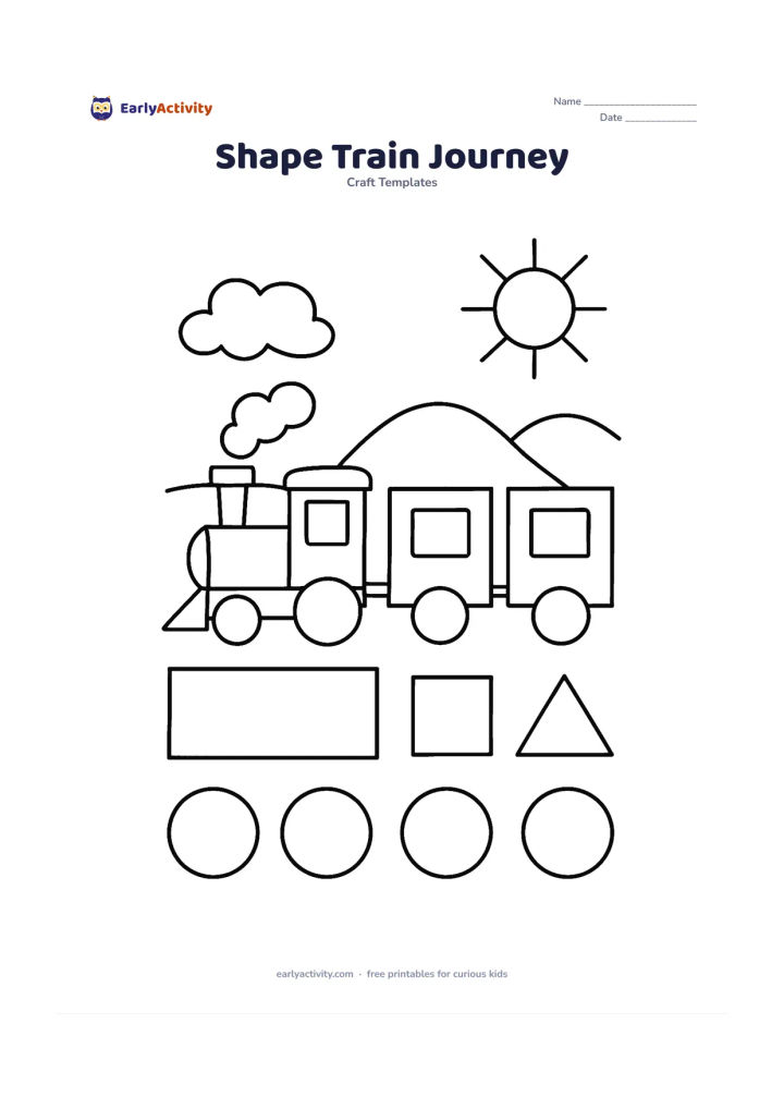 Worksheet: Show separate geometric pieces for a friendly train journey: rectangles for carriages, circles for wheels, triangles for a front, squares for windows and semicircles for clouds. Arrange…