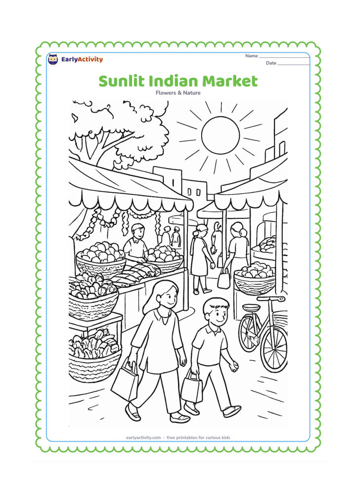 Colouring page: Draw a lively Indian market street under a high sun, with fabric-covered stalls, baskets of vegetables, hanging garlands, a bicycle, a tree and people carrying shopping bags. Do not add…