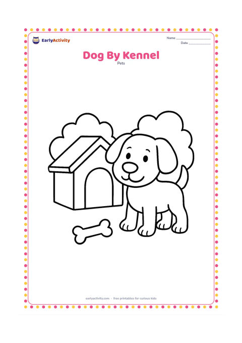 Colouring page: Draw a friendly dog standing beside a small kennel with a round doorway and a simple roof. Add a bone-shaped toy on the ground and two broad bushes behind them.