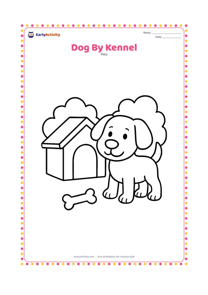 Colouring page: Draw a friendly dog standing beside a small kennel with a round doorway and a simple roof. Add a bone-shaped toy on the ground and two broad bushes behind them.