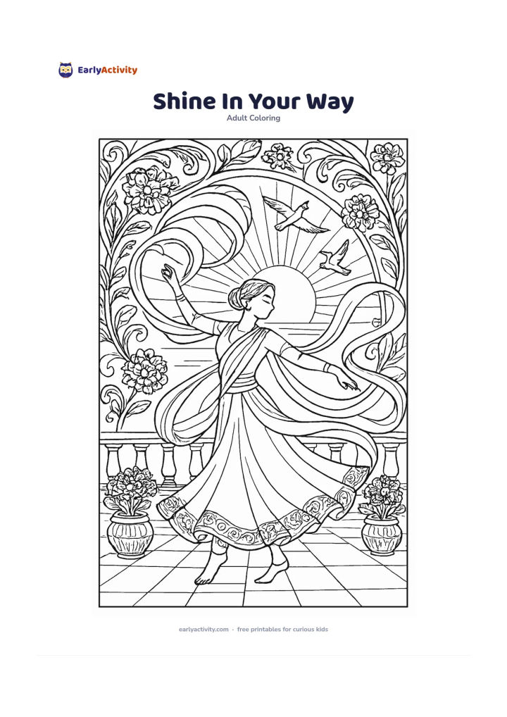 Colouring page: A dancer spins in a flowing outfit on an open terrace at early morning, surrounded by sweeping ribbons, marigold pots, birds and a rising sun. Use large radiating curves and floral…