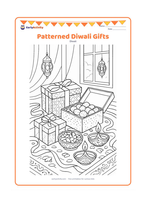 Colouring page: Draw a detailed still life of open and closed gift boxes containing sweets, diyas and flower petals, surrounded by ribbons, fabric folds and decorative floor patterns. Place the…