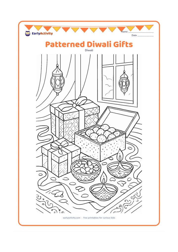 Colouring page: Draw a detailed still life of open and closed gift boxes containing sweets, diyas and flower petals, surrounded by ribbons, fabric folds and decorative floor patterns. Place the…