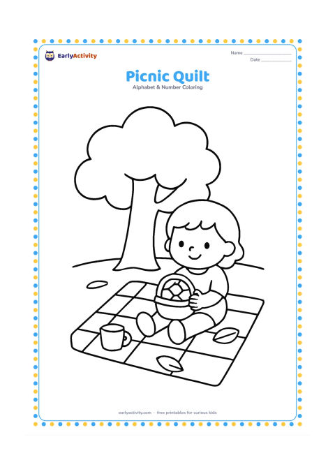 Colouring page: A child sits on a square picnic quilt beneath a broad tree, holding a small fruit basket. Show two simple cups, a basket, and a few leaves on the quilt.