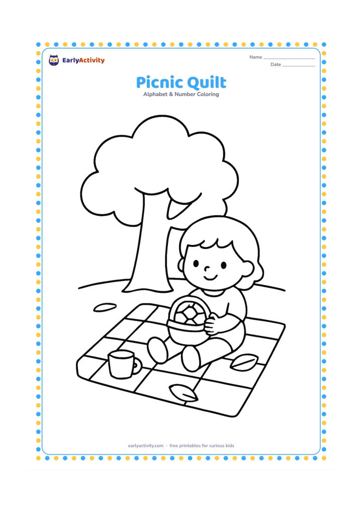 Colouring page: A child sits on a square picnic quilt beneath a broad tree, holding a small fruit basket. Show two simple cups, a basket, and a few leaves on the quilt.
