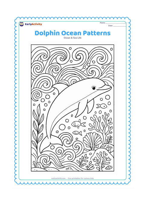 Colouring page: Draw one large dolphin swimming diagonally through an intricate ocean scene of curling waves, bubbles, shells, seaweed, coral, and small fish. Leave broad sections on the dolphin for…
