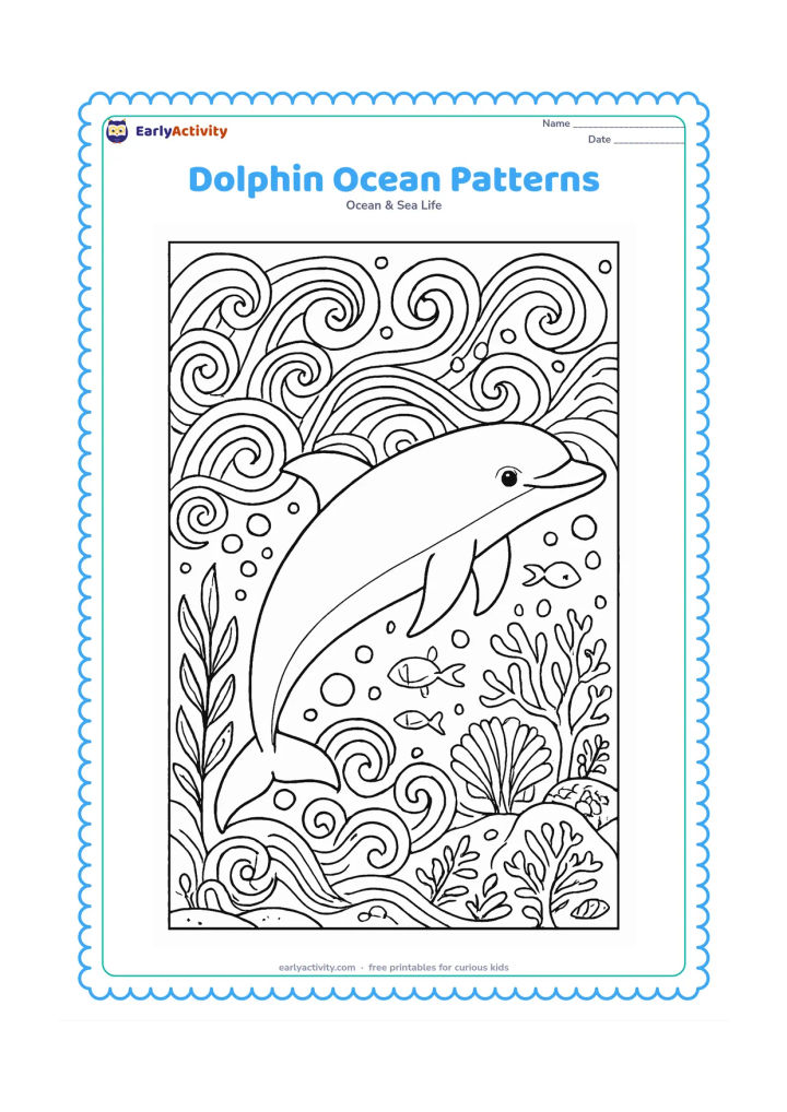Colouring page: Draw one large dolphin swimming diagonally through an intricate ocean scene of curling waves, bubbles, shells, seaweed, coral, and small fish. Leave broad sections on the dolphin for…