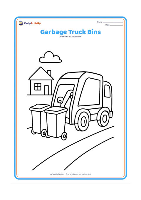 Colouring page: A garbage truck collects two large wheelie bins from a short pavement. Show the rear loading area and one simple house in the background.