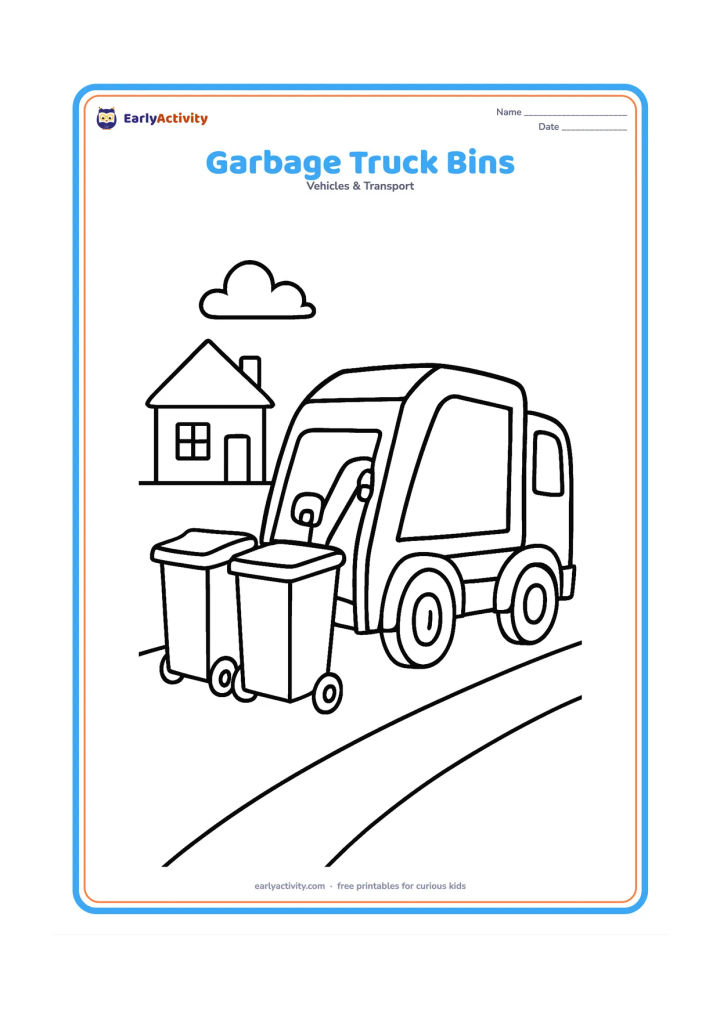 Colouring page: A garbage truck collects two large wheelie bins from a short pavement. Show the rear loading area and one simple house in the background.