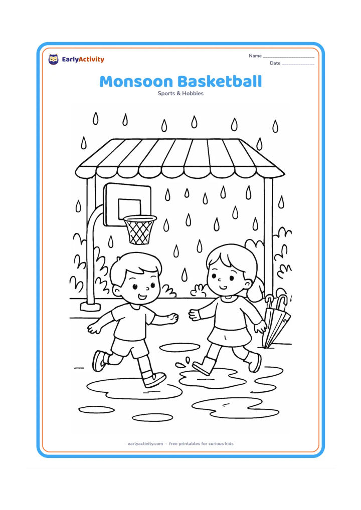Colouring page: Two children play under a covered outdoor court during gentle rain, with puddle reflections, a hoop, a few umbrellas resting at the edge, and leafy plants beyond the roof.