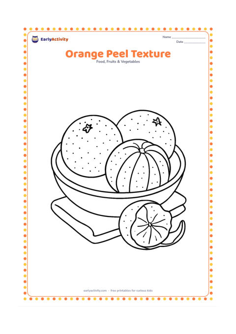 Colouring page: Draw three oranges in a shallow bowl, with one fruit partly peeled to reveal the segmented inside. Add small natural dimples across the unpeeled skins and a folded cloth beneath the bowl.
