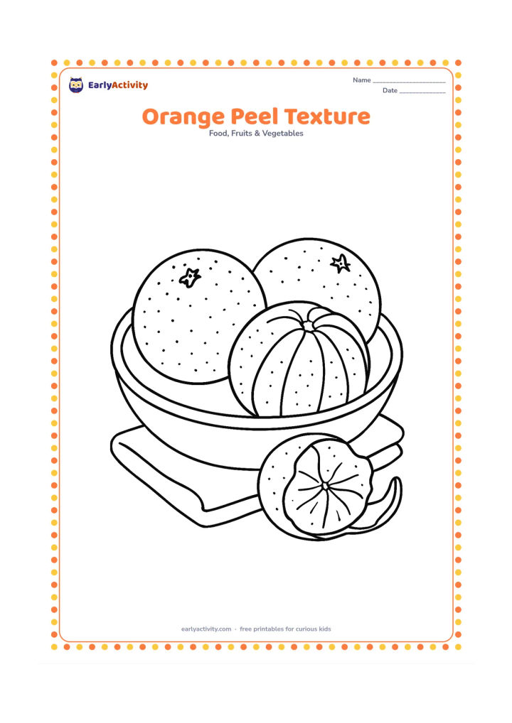 Colouring page: Draw three oranges in a shallow bowl, with one fruit partly peeled to reveal the segmented inside. Add small natural dimples across the unpeeled skins and a folded cloth beneath the bowl.