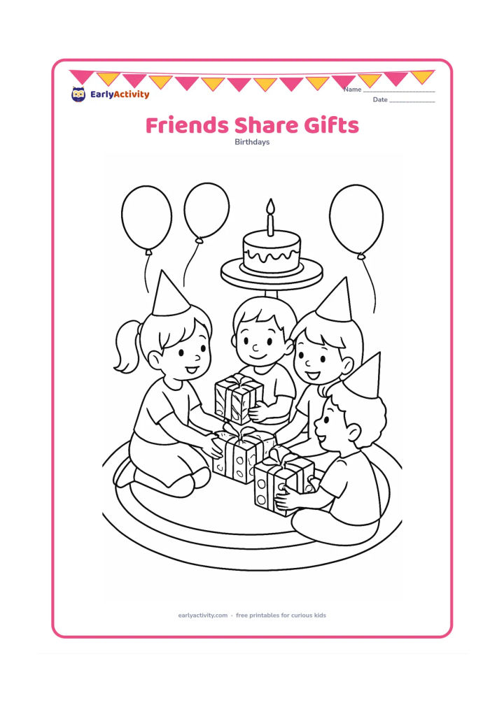Colouring page: Four children sit in a circle on a rug, passing wrapped birthday gifts to one another, with party hats and balloons around them. Place a small cake on a low table behind the group.