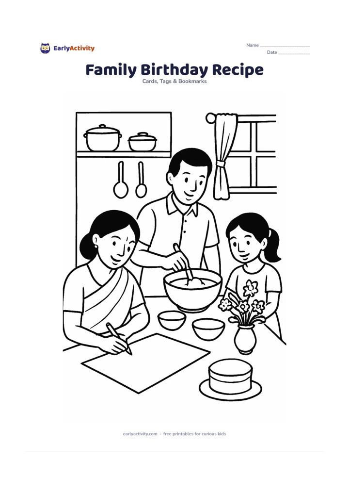 Worksheet: Show a family preparing a birthday card and cake together in an Indian kitchen, with one person decorating the card, another mixing batter and a child arranging flowers. The card must…