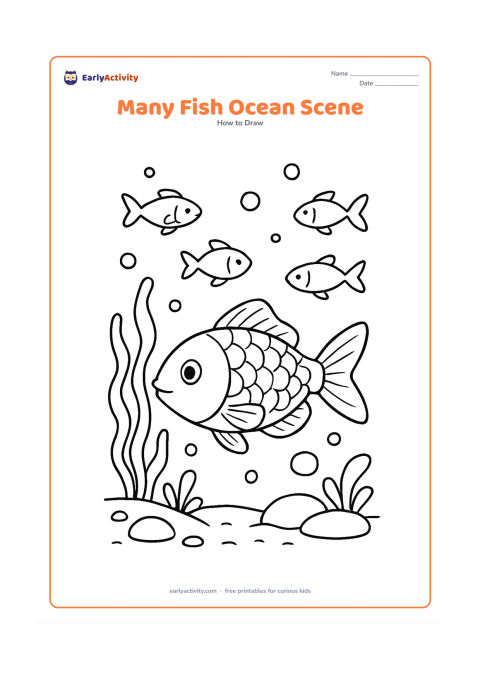 Worksheet: Show an underwater ocean scene with one large foreground fish and four smaller fish at different distances, plus seaweed, bubbles, a sandy bottom, and rounded stones. Give the foreground…
