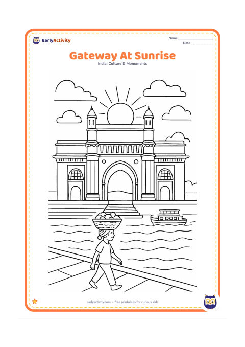 Colouring page: Show the Gateway of India from the waterfront at sunrise, with its large arch, domed turrets, steps, calm waves and a ferry in the background. A vendor carries a basket along the…