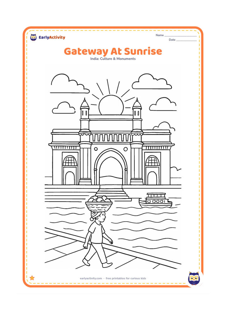Colouring page: Show the Gateway of India from the waterfront at sunrise, with its large arch, domed turrets, steps, calm waves and a ferry in the background. A vendor carries a basket along the…