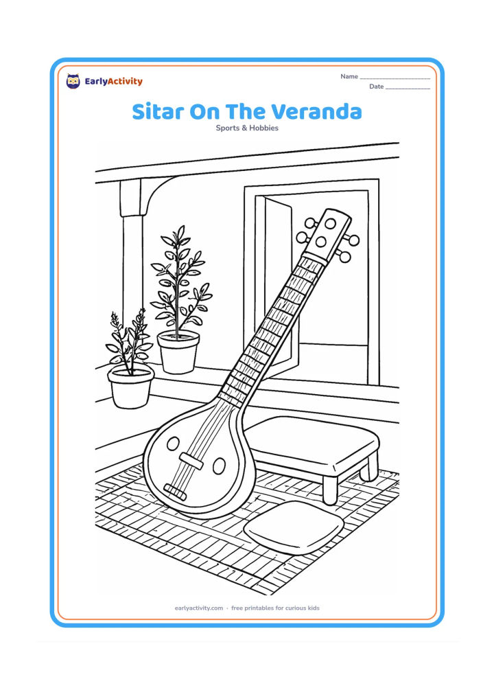 Colouring page: An Indian sitar rests on a woven mat on a home veranda beside a cushion and a low stool. Show potted tulsi plants and an open doorway leading indoors.