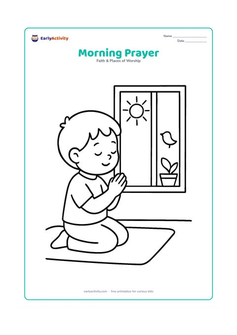 Colouring page: A child kneels on a plain mat with folded hands beside a sunny window, with one bird silhouette and a potted plant outside.