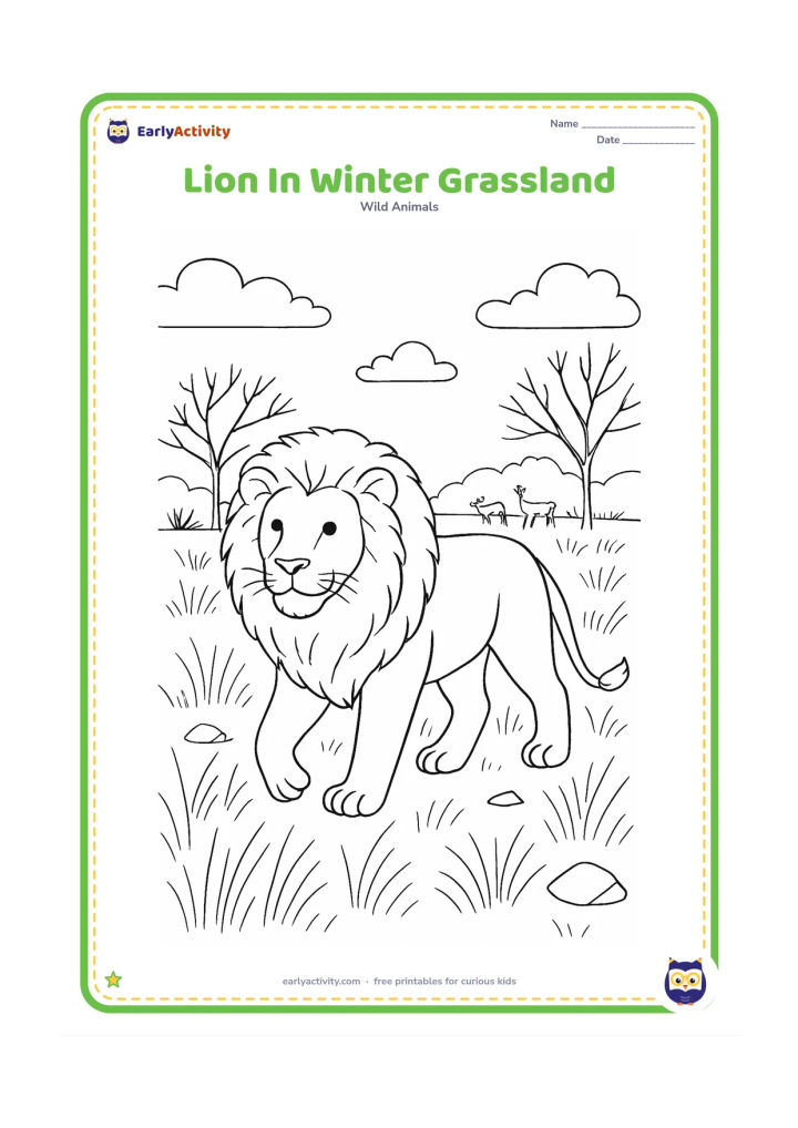 Colouring page: A thick-maned lion walks through a cool-season grassland with pale grasses, bare branching trees, scattered stones, and soft clouds. Include a distant herd of small grazing deer without…