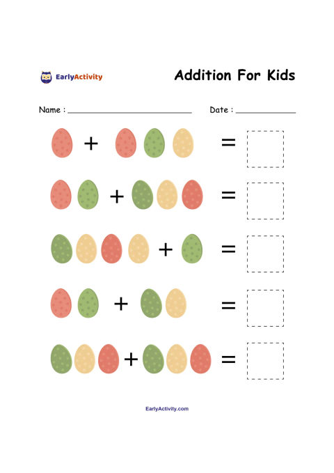 Worksheet with five addition problems using groups of coloured Easter eggs, plus signs, equals signs and blank answer boxes.