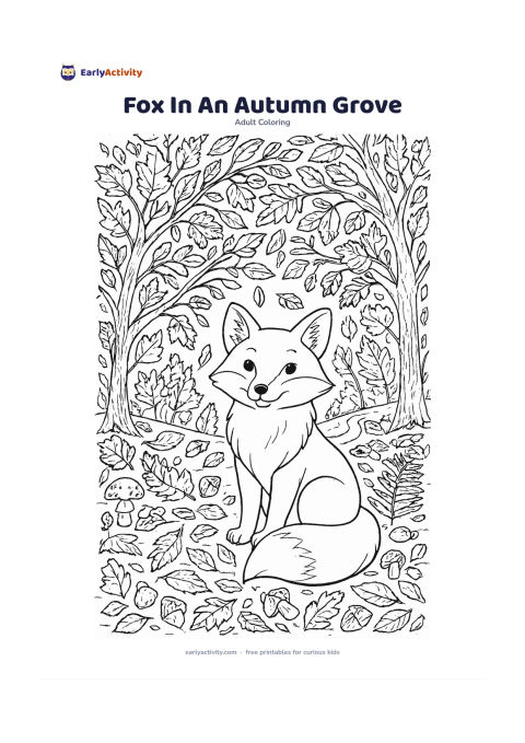 Colouring page: Draw a friendly fox sitting beneath an arch of autumn trees, its bushy tail curled around its paws. Fill the ground with fallen leaves, acorns, mushrooms, fern fronds and a winding path…