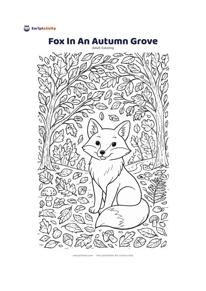 Colouring page: Draw a friendly fox sitting beneath an arch of autumn trees, its bushy tail curled around its paws. Fill the ground with fallen leaves, acorns, mushrooms, fern fronds and a winding path…