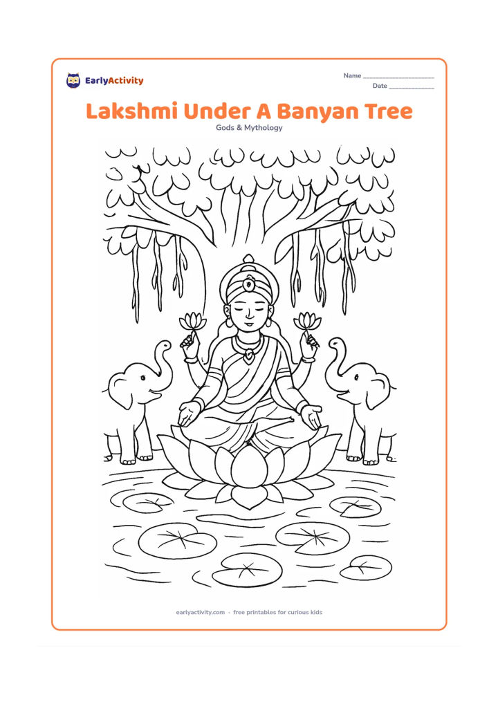 Colouring page: Draw Goddess Lakshmi seated peacefully on a lotus beneath a broad banyan tree, with two elephants near a small pond and hanging roots framing the scene. Add lotus leaves and gentle water…